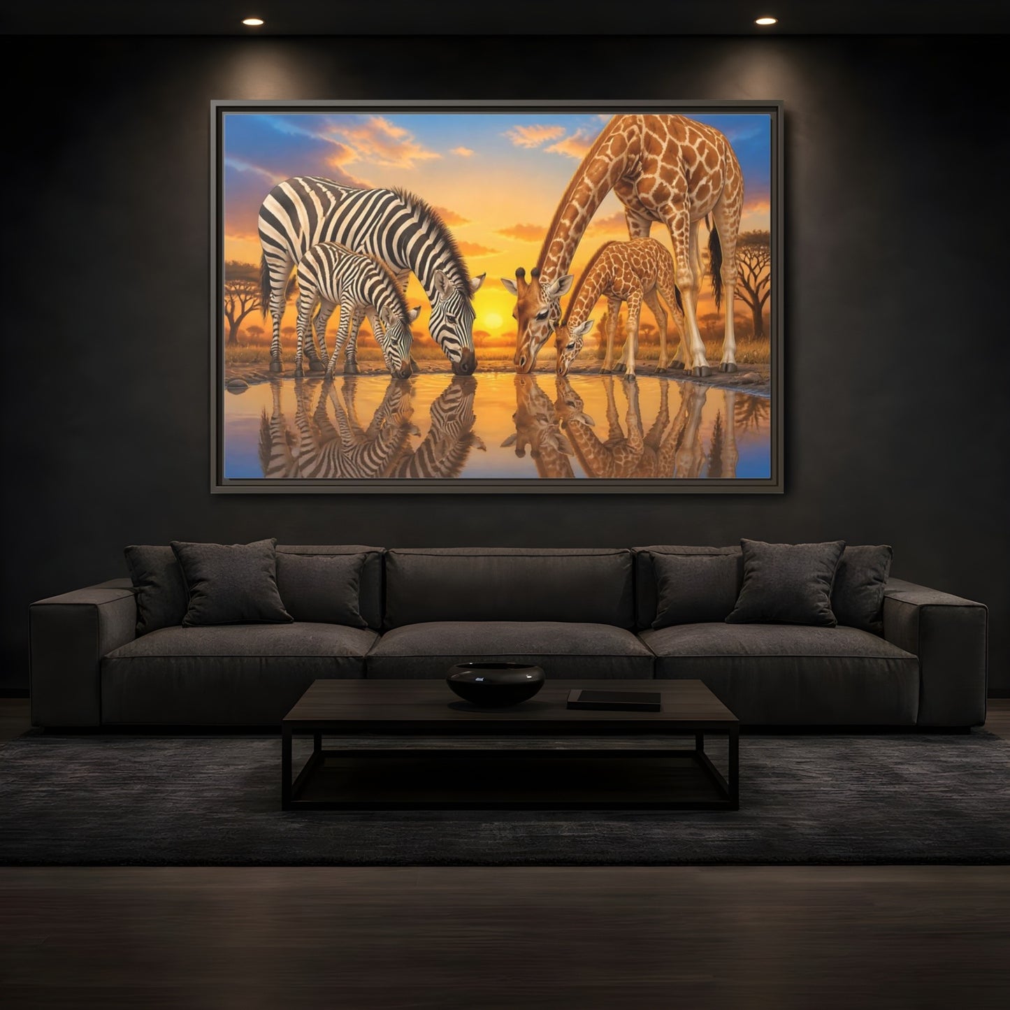 Mockup 3. Animals Zebras Giraffes Safari Animals Sunset shown as stretched canvas wall art