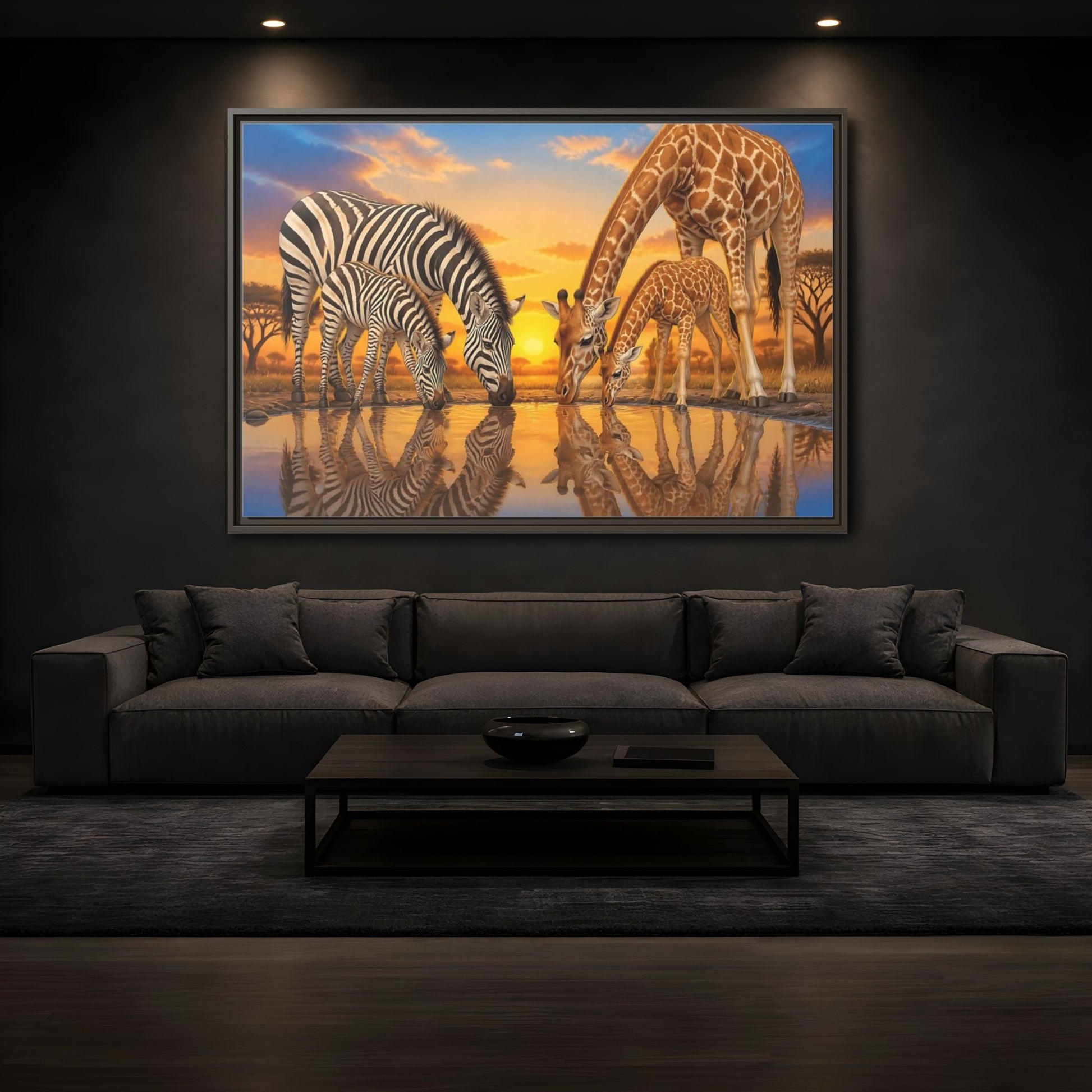 Mockup 3. Animals Zebras Giraffes Safari Animals Sunset shown as stretched canvas wall art