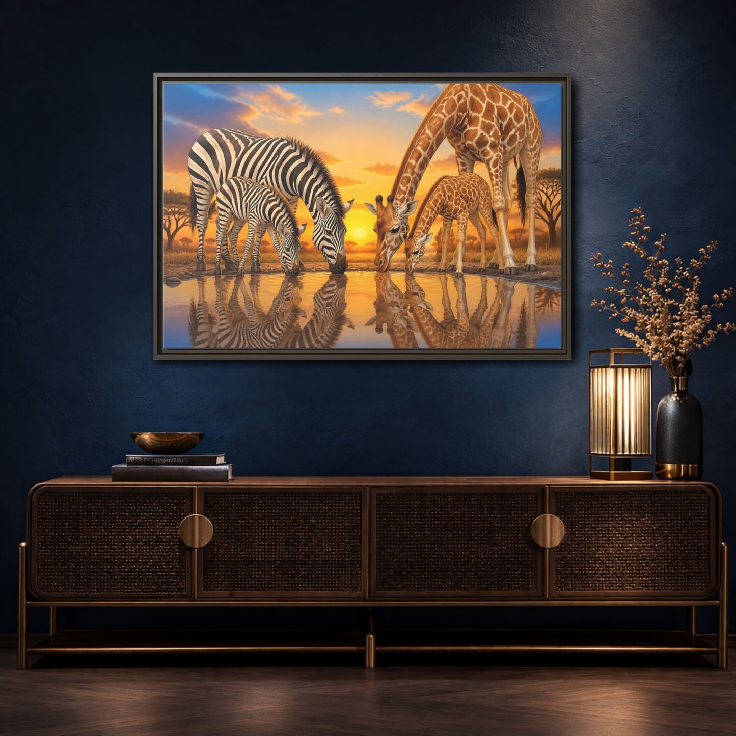 Mockup 4. Animals Zebras Giraffes Safari Animals Sunset shown as stretched canvas wall art