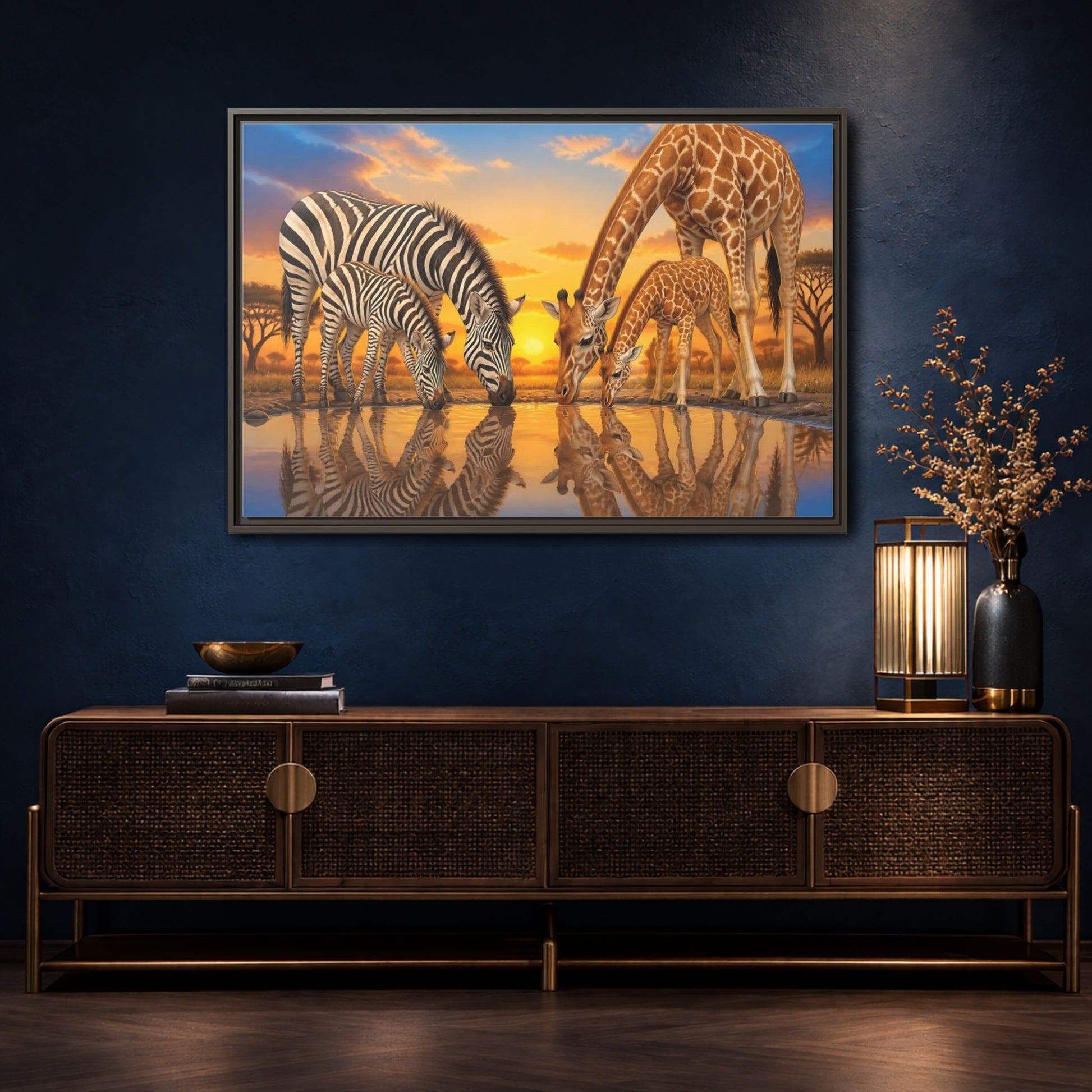 Mockup 4. Animals Zebras Giraffes Safari Animals Sunset shown as stretched canvas wall art