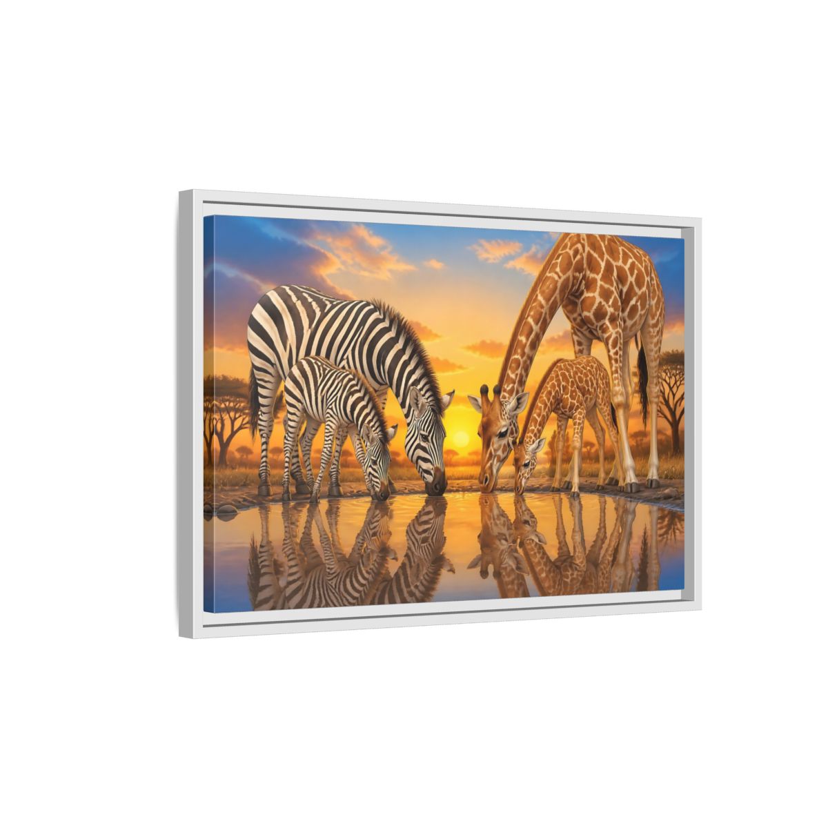Side Mockup 1. Animals Zebras Giraffes Safari Animals Sunset shown as stretched canvas wall art