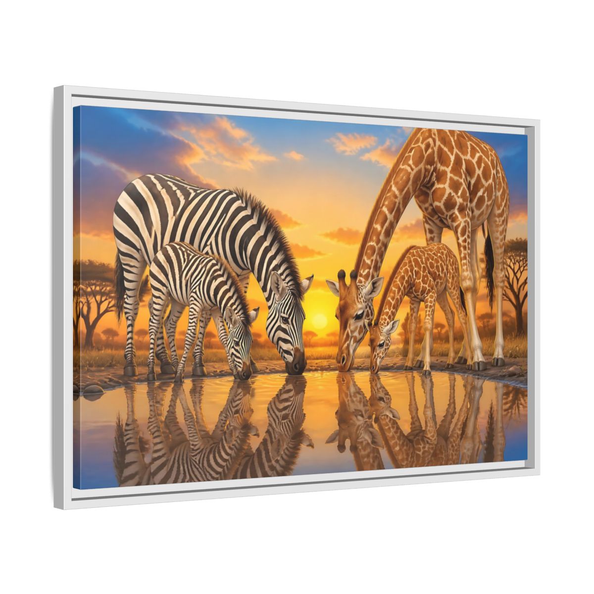 Side Mockup 10. Animals Zebras Giraffes Safari Animals Sunset shown as stretched canvas wall art