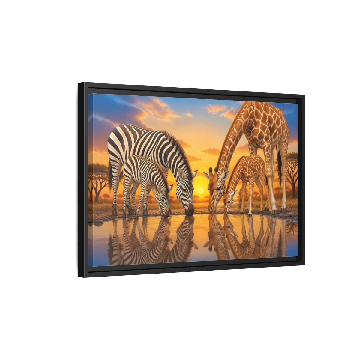 Side Mockup 3. Animals Zebras Giraffes Safari Animals Sunset shown as stretched canvas wall art
