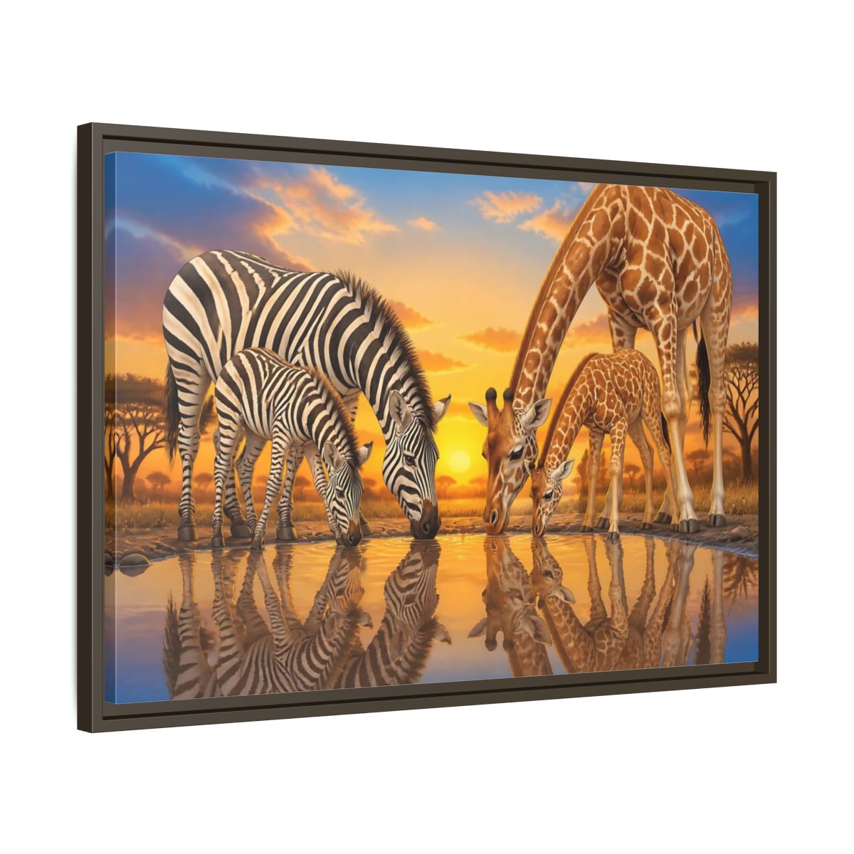 Side Mockup 11. Animals Zebras Giraffes Safari Animals Sunset shown as stretched canvas wall art