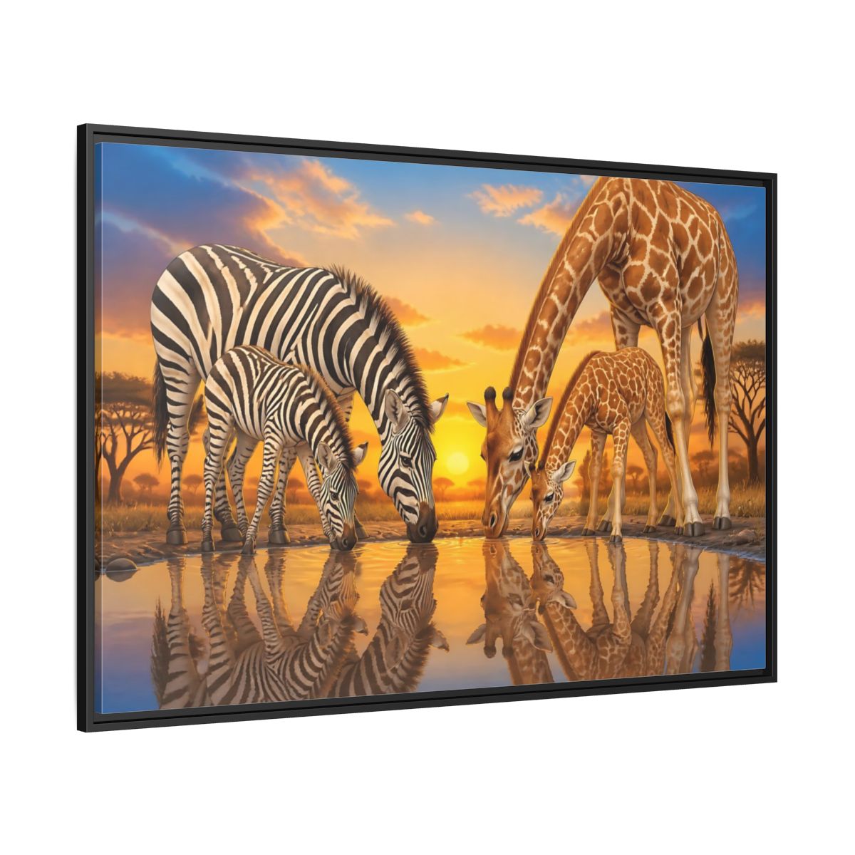 Side Mockup 12. Animals Zebras Giraffes Safari Animals Sunset shown as stretched canvas wall art