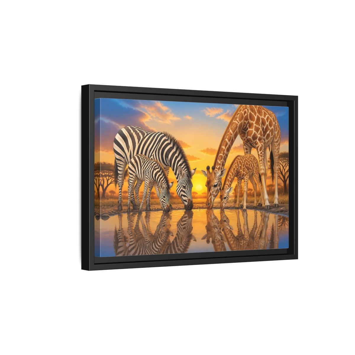 Side Mockup 6. Animals Zebras Giraffes Safari Animals Sunset shown as stretched canvas wall art