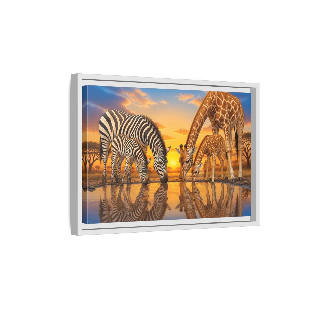 Side Mockup 4. Animals Zebras Giraffes Safari Animals Sunset shown as stretched canvas wall art