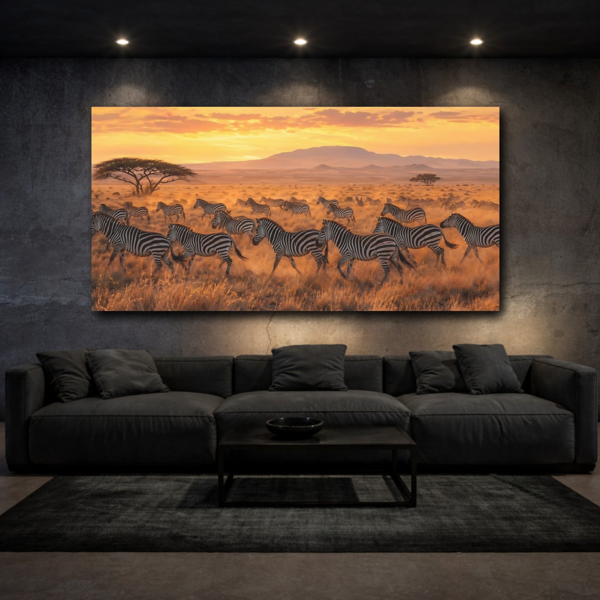 Mockup 2. Animals Zebras Golden Zebras shown as stretched canvas wall art