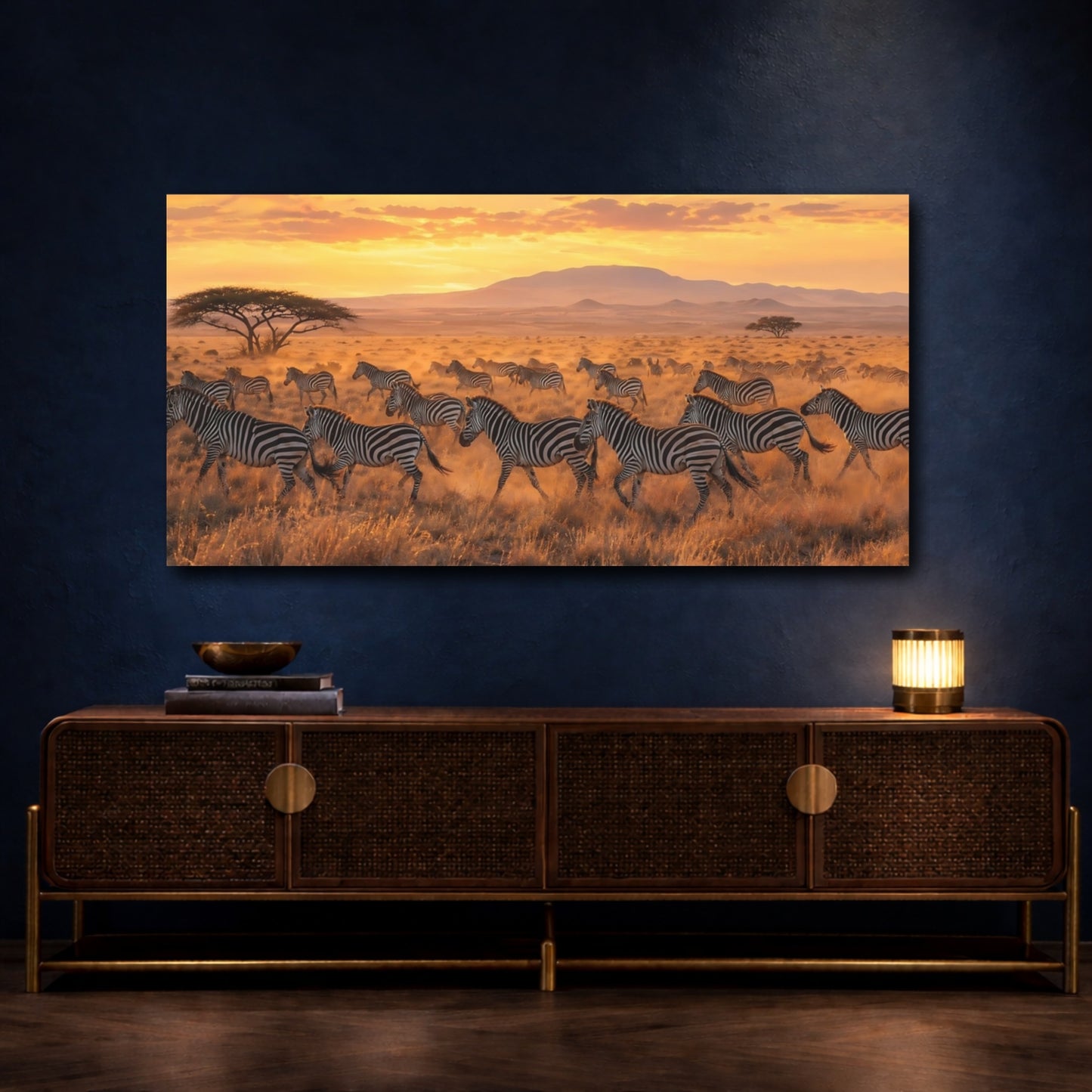 Mockup 4. Animals Zebras Golden Zebras shown as stretched canvas wall art
