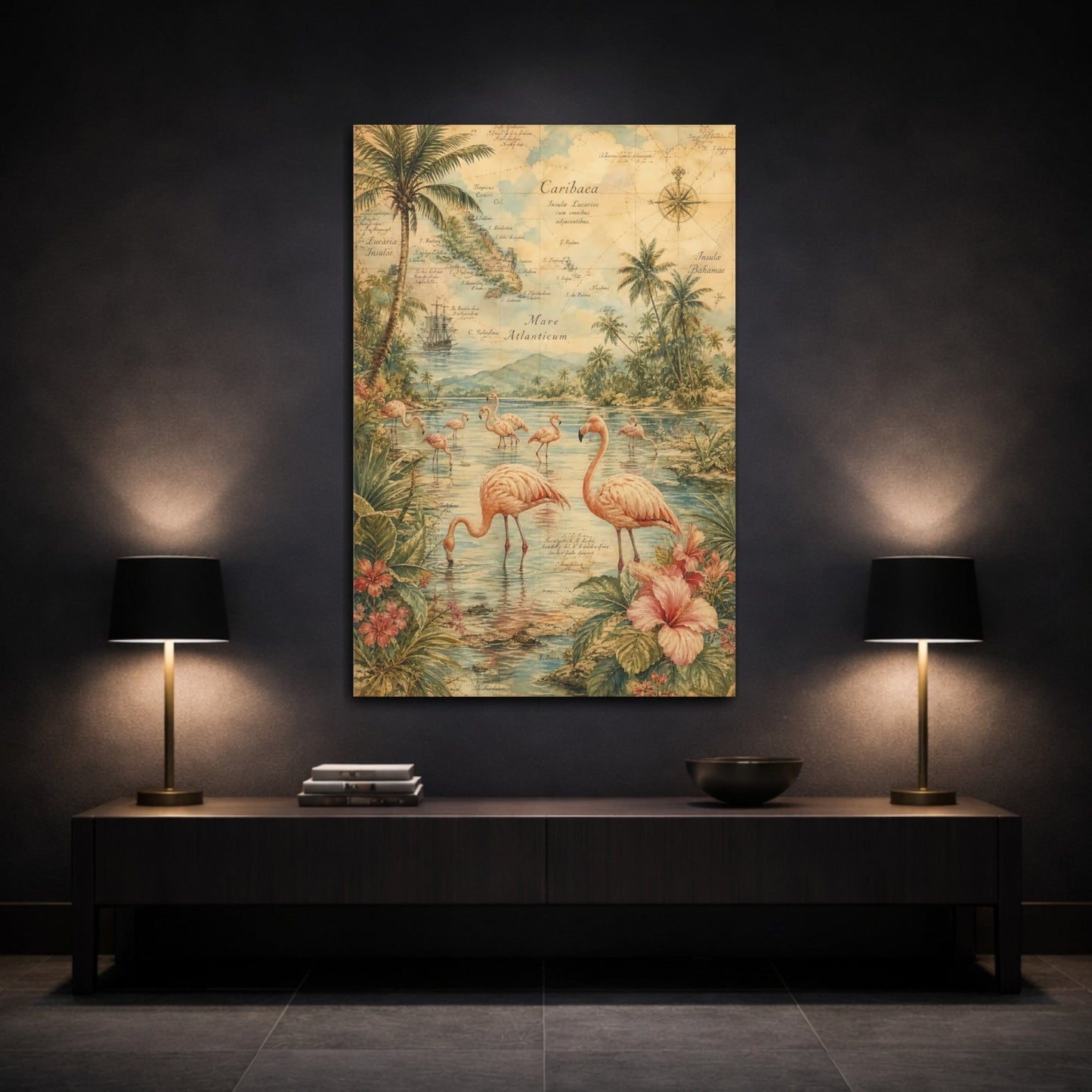 Antique Atlas Watercolor Terrain Rendering Flamingos Canvas Wall Art Print – Living Room Decor, Above Sofa - YesArtYes