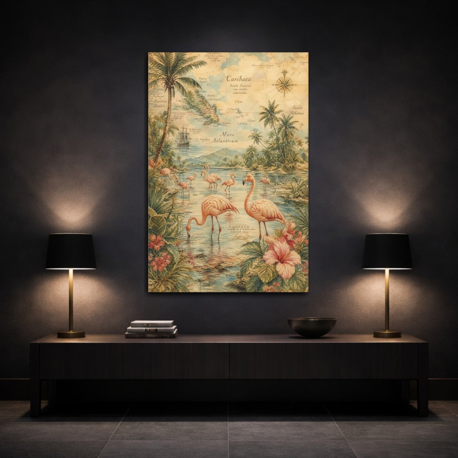 Antique Atlas Watercolor Terrain Rendering Flamingos Canvas Wall Art Print – Living Room Decor, Above Sofa - YesArtYes
