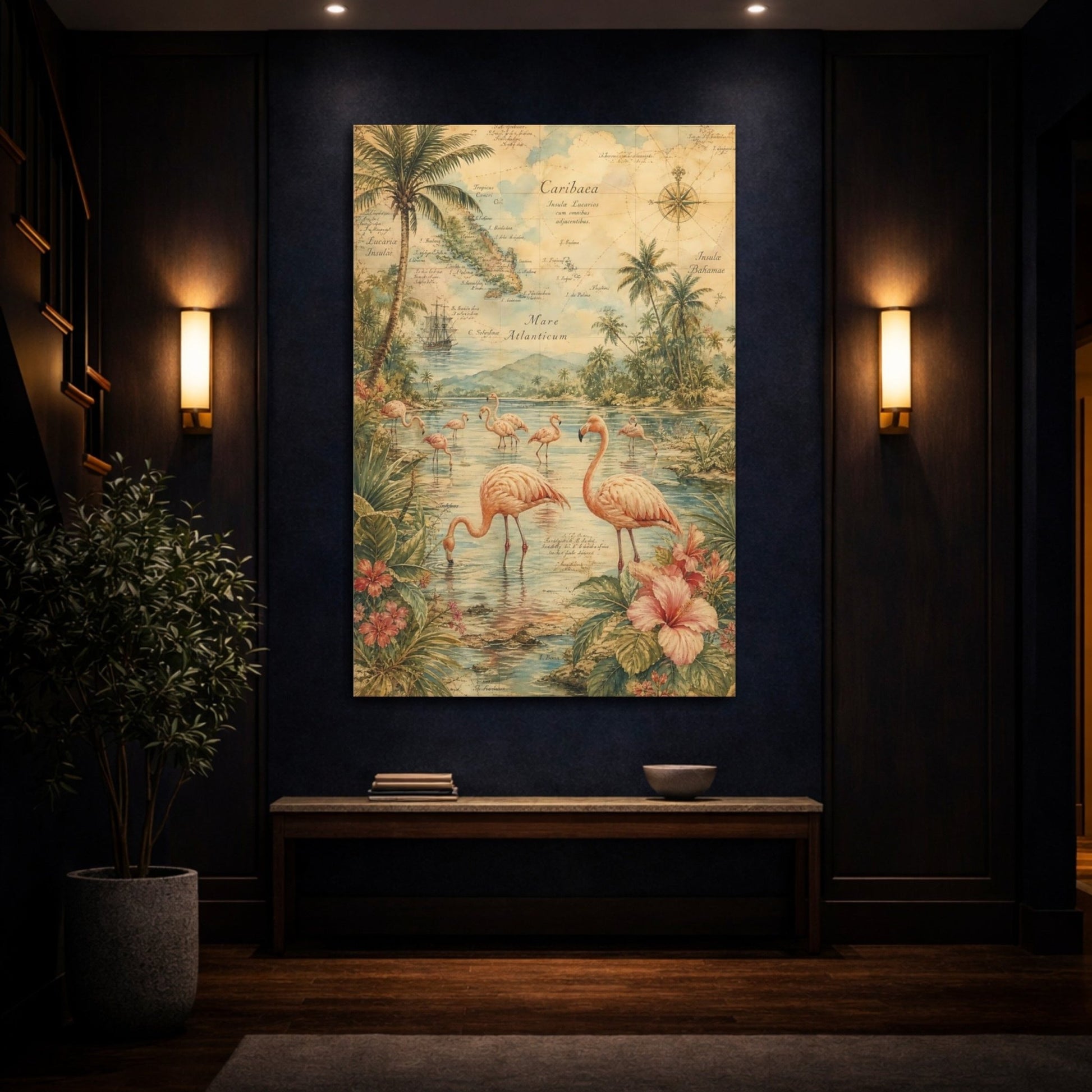 Antique Atlas Watercolor Terrain Rendering Flamingos Canvas Wall Art Print – Living Room Decor, Above Sofa - YesArtYes