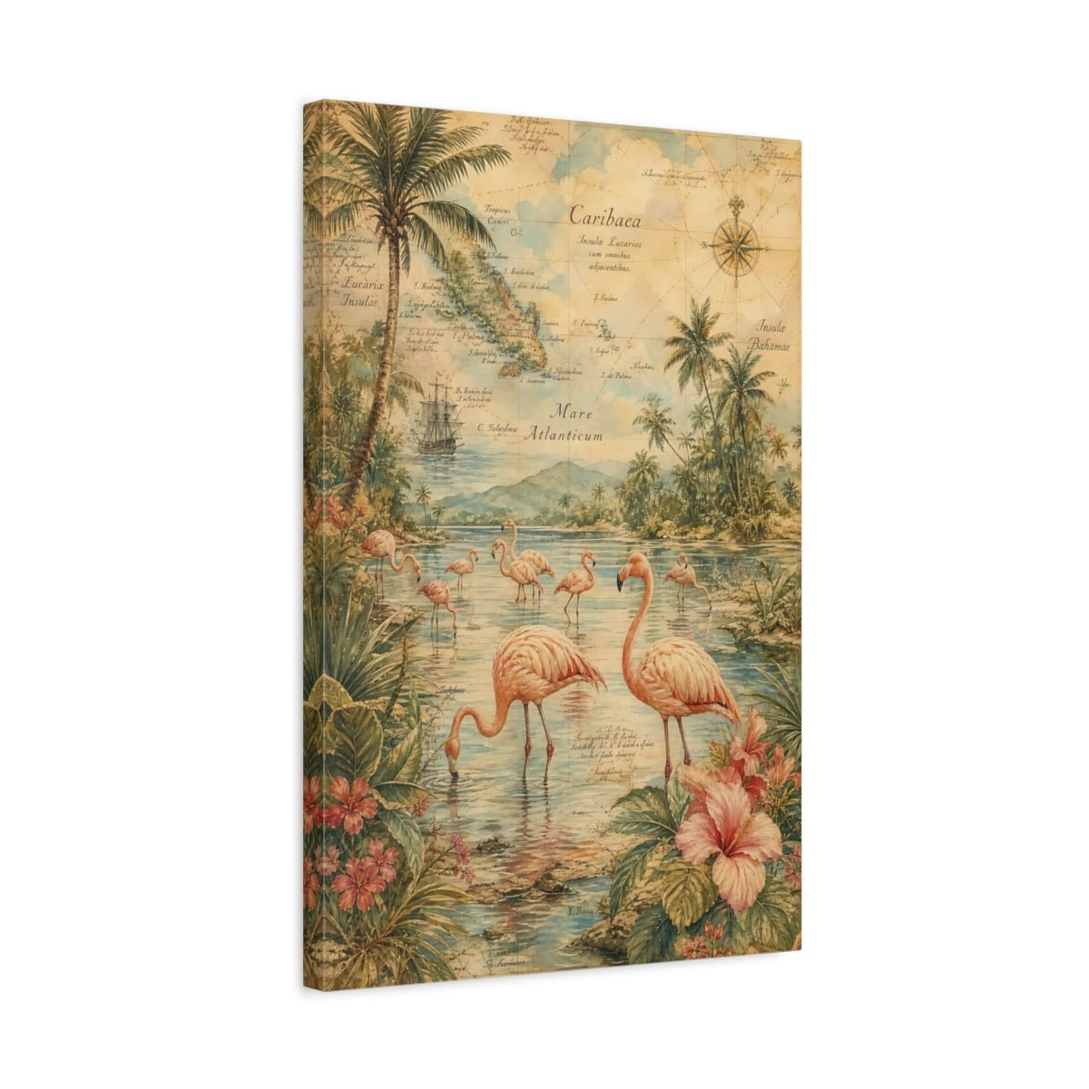 Antique Atlas Watercolor Terrain Rendering Flamingos Canvas Wall Art Print – Living Room Decor, Above Sofa - YesArtYes