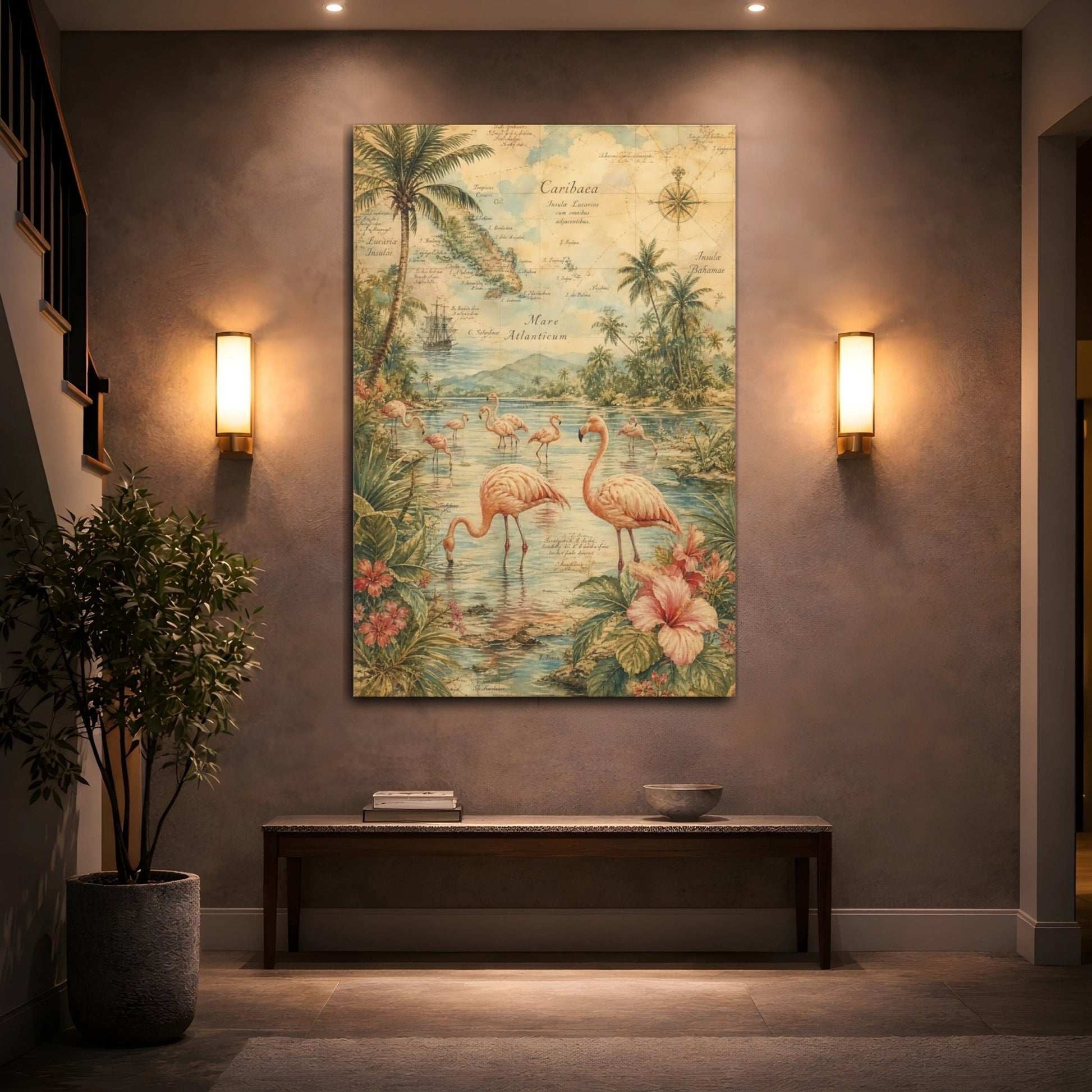 Antique Atlas Watercolor Terrain Rendering Flamingos Canvas Wall Art Print – Living Room Decor, Above Sofa - YesArtYes