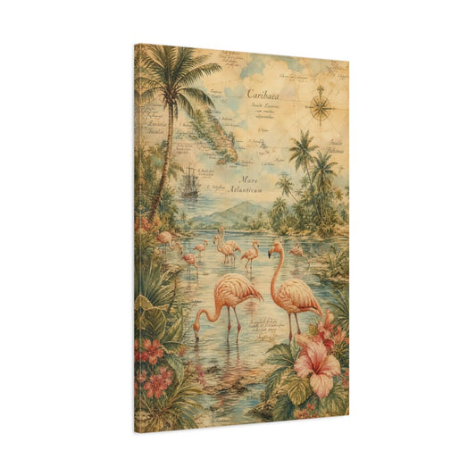 Antique Atlas Watercolor Terrain Rendering Flamingos Canvas Wall Art Print – Living Room Decor, Above Sofa - YesArtYes