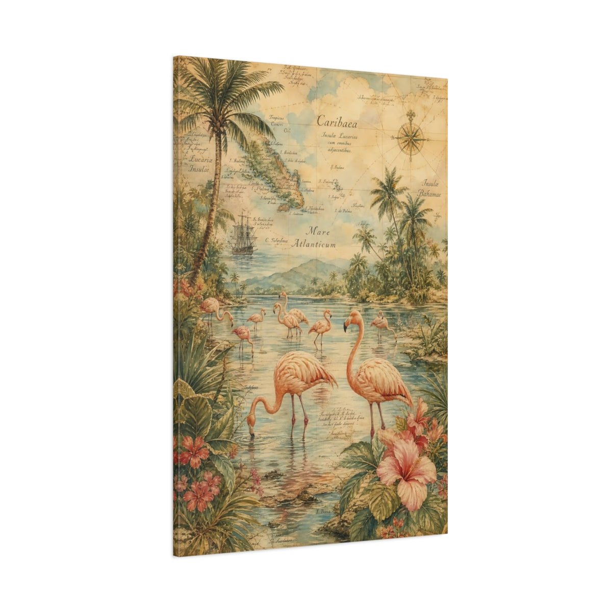 Antique Atlas Watercolor Terrain Rendering Flamingos Canvas Wall Art Print – Living Room Decor, Above Sofa - YesArtYes