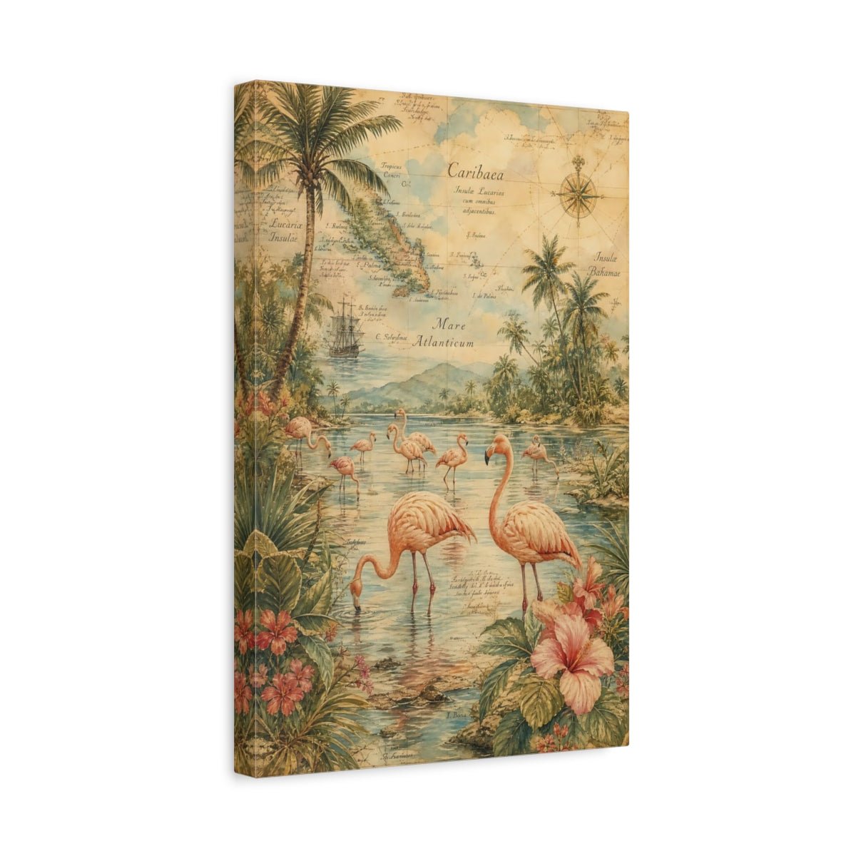 Antique Atlas Watercolor Terrain Rendering Flamingos Canvas Wall Art Print – Living Room Decor, Above Sofa - YesArtYes
