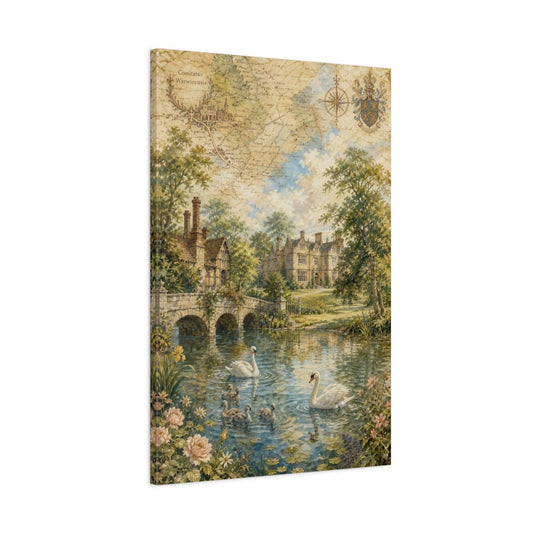 Antique Atlas Watercolor Terrain Rendering Swans Canvas Print – Vintage Living Room, Above Couch - YesArtYes
