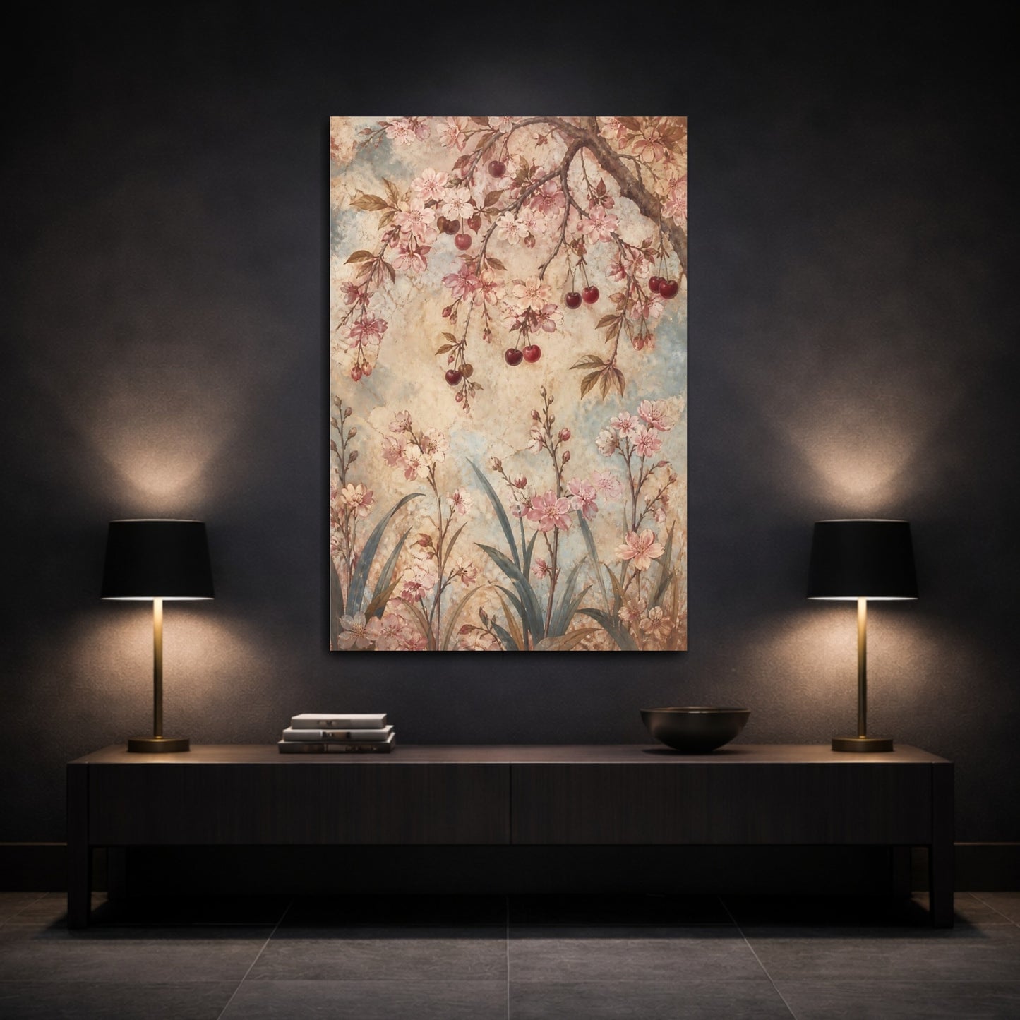 Mockup 3. Antique Cherry Blossom Flowers shown as canvas print