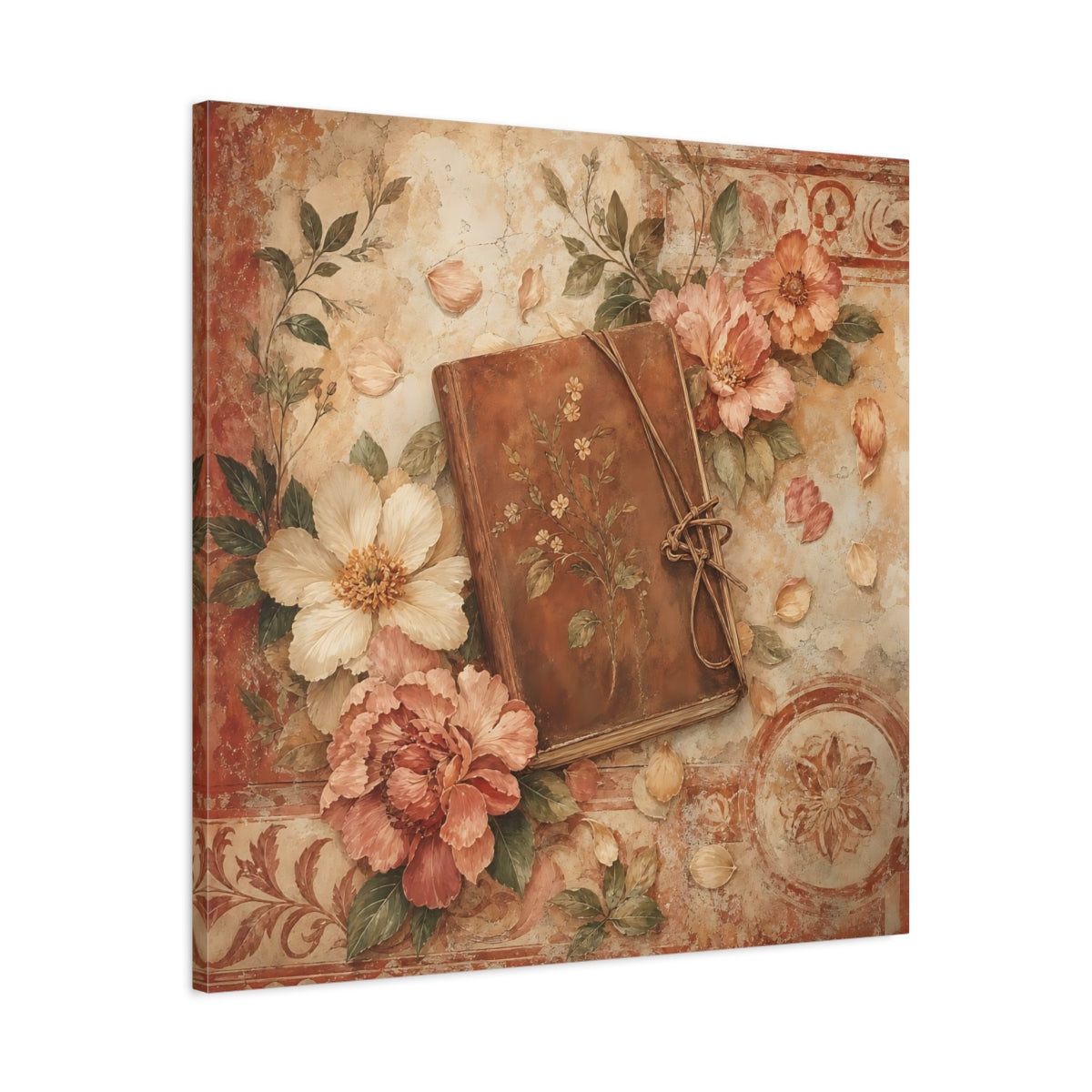 Side Mockup 3. Antique Fresco Painting Garden Notebook With Loose Petals shown as stretched canvas wall art