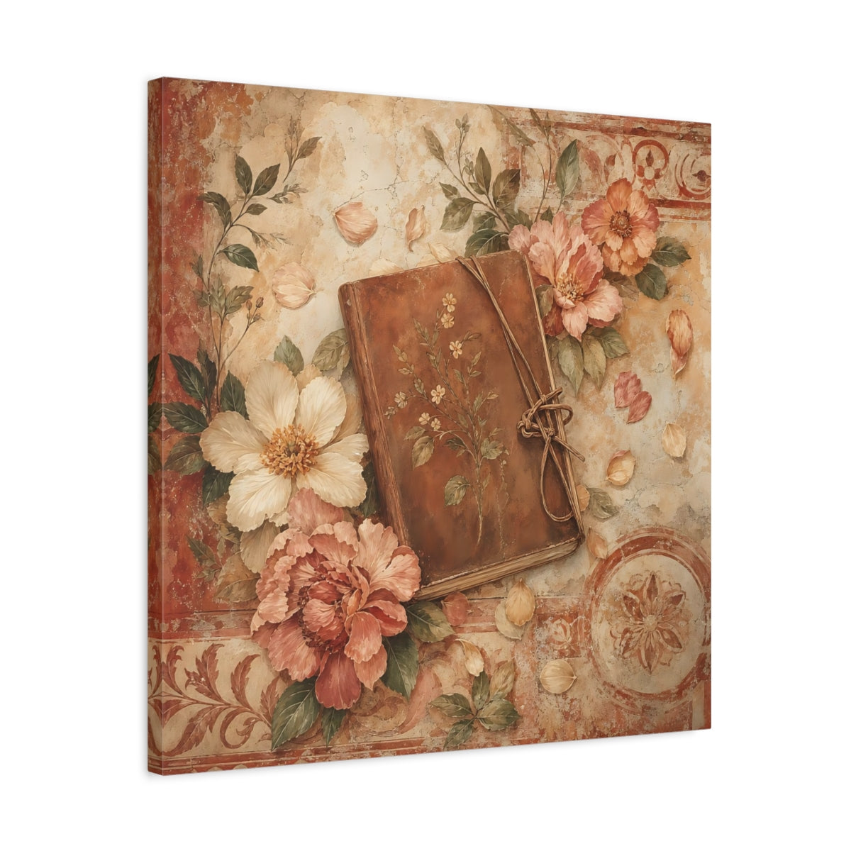 Side Mockup 4. Antique Fresco Painting Garden Notebook With Loose Petals shown as stretched canvas wall art