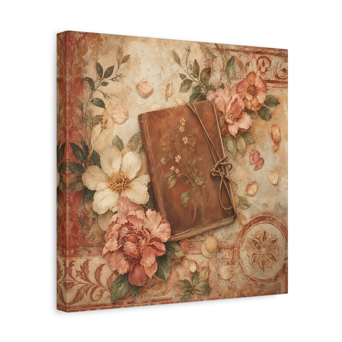 Side Mockup 7. Antique Fresco Painting Garden Notebook With Loose Petals shown as stretched canvas wall art