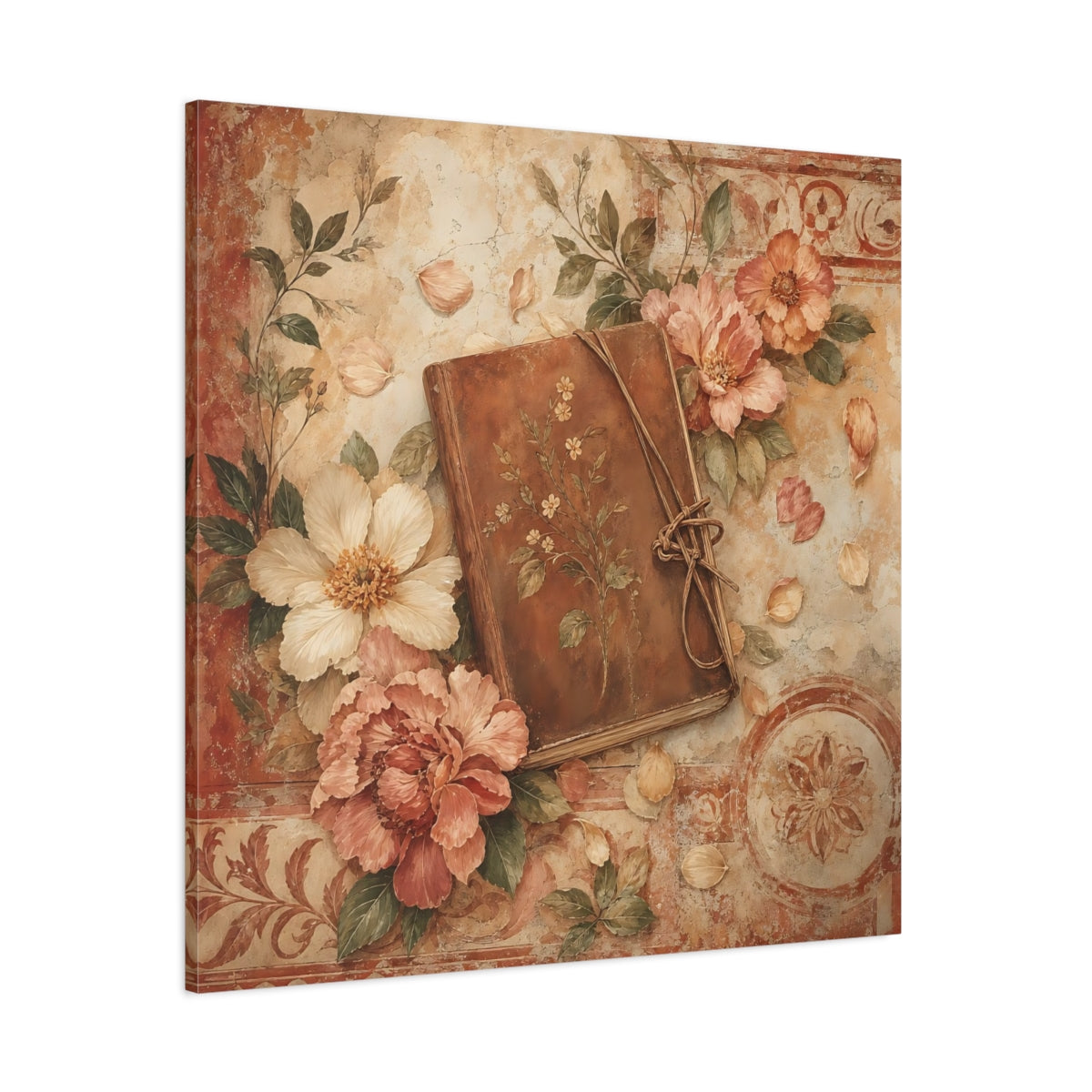 Side Mockup 1. Antique Fresco Painting Garden Notebook With Loose Petals shown as stretched canvas wall art