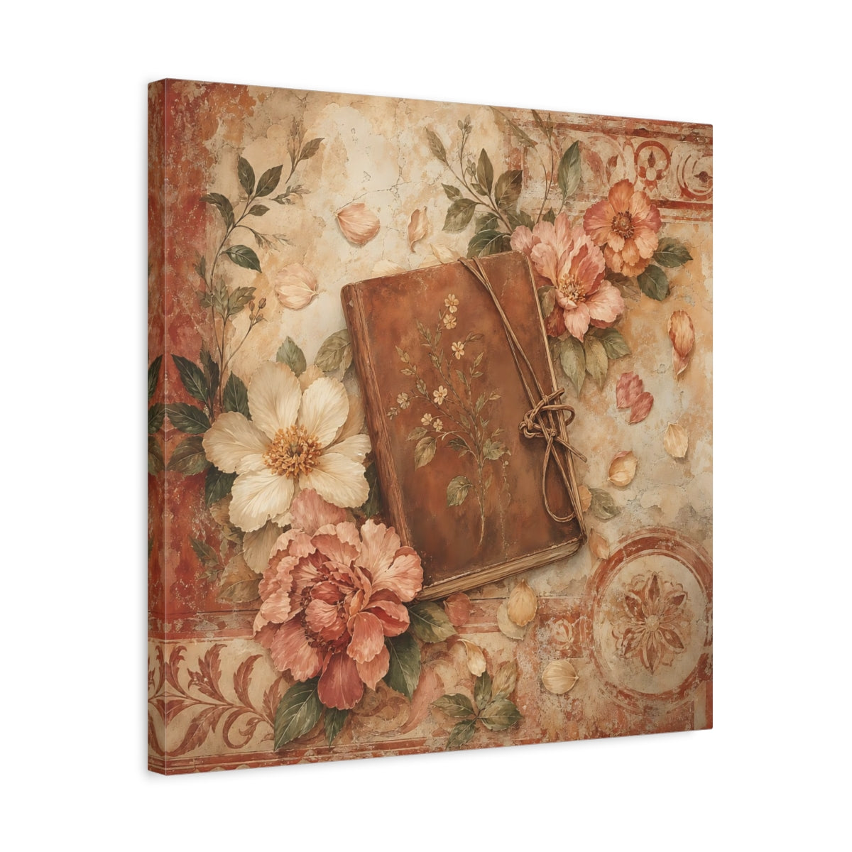 Side Mockup 5. Antique Fresco Painting Garden Notebook With Loose Petals shown as stretched canvas wall art