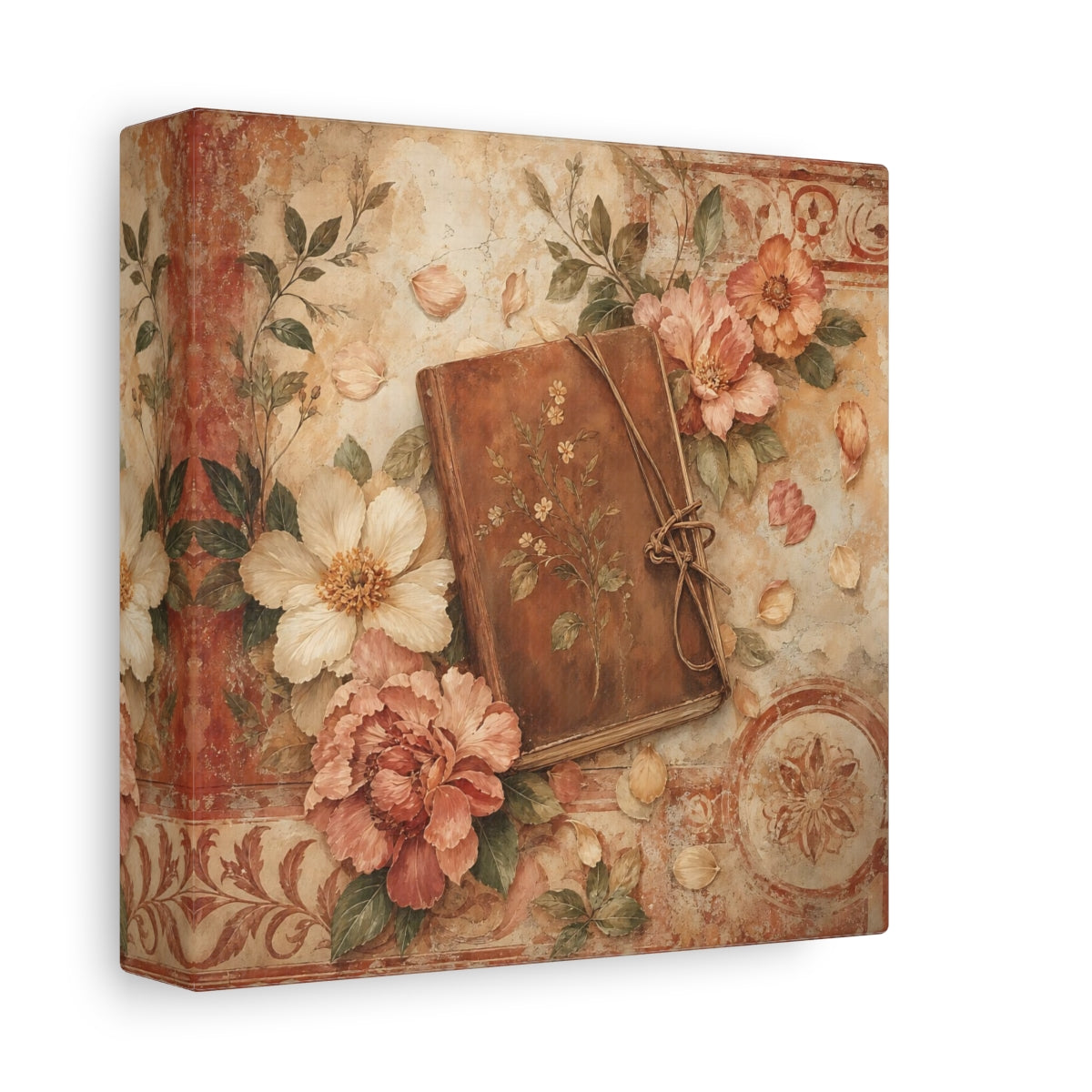 Side Mockup 2. Antique Fresco Painting Garden Notebook With Loose Petals shown as stretched canvas wall art
