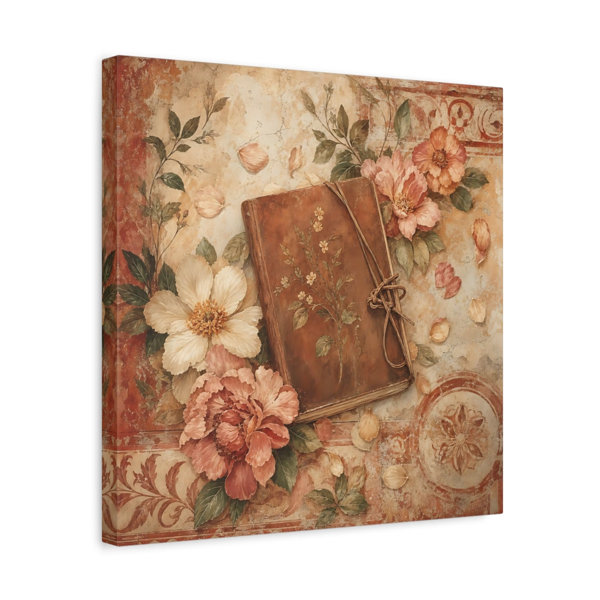 Side Mockup 6. Antique Fresco Painting Garden Notebook With Loose Petals shown as stretched canvas wall art