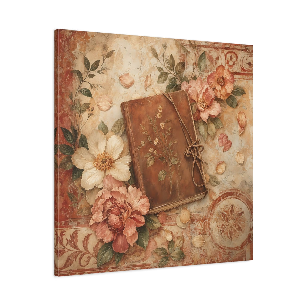 Main Mockup. Antique Fresco Painting Garden Notebook With Loose Petals shown as stretched canvas wall art