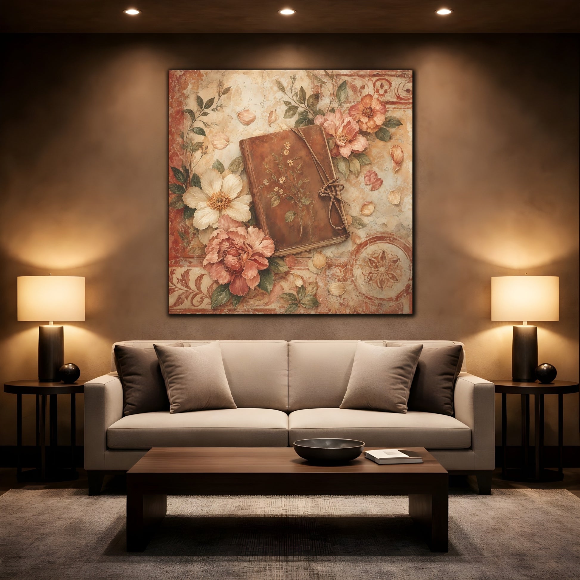 Mockup 2. Antique Fresco Painting Garden Notebook With Loose Petals shown as stretched canvas wall art