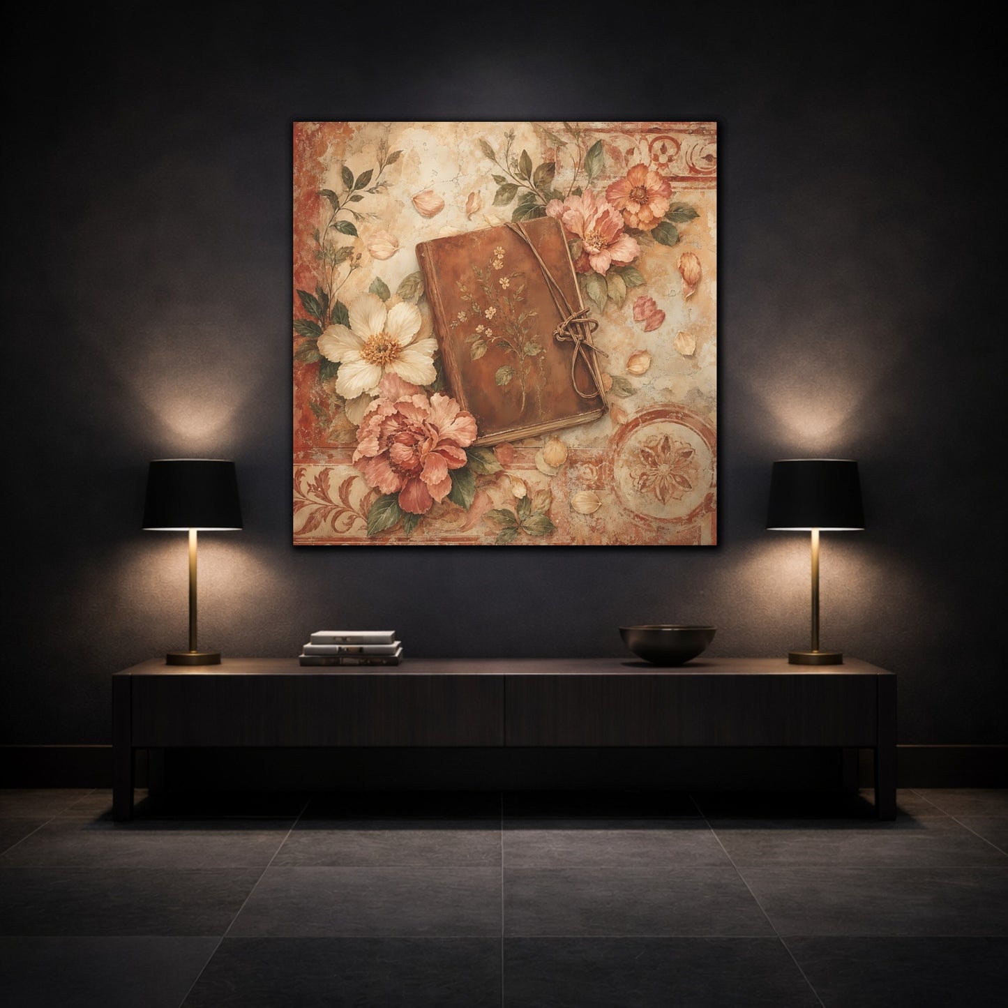 Mockup 3. Antique Fresco Painting Garden Notebook With Loose Petals shown as stretched canvas wall art