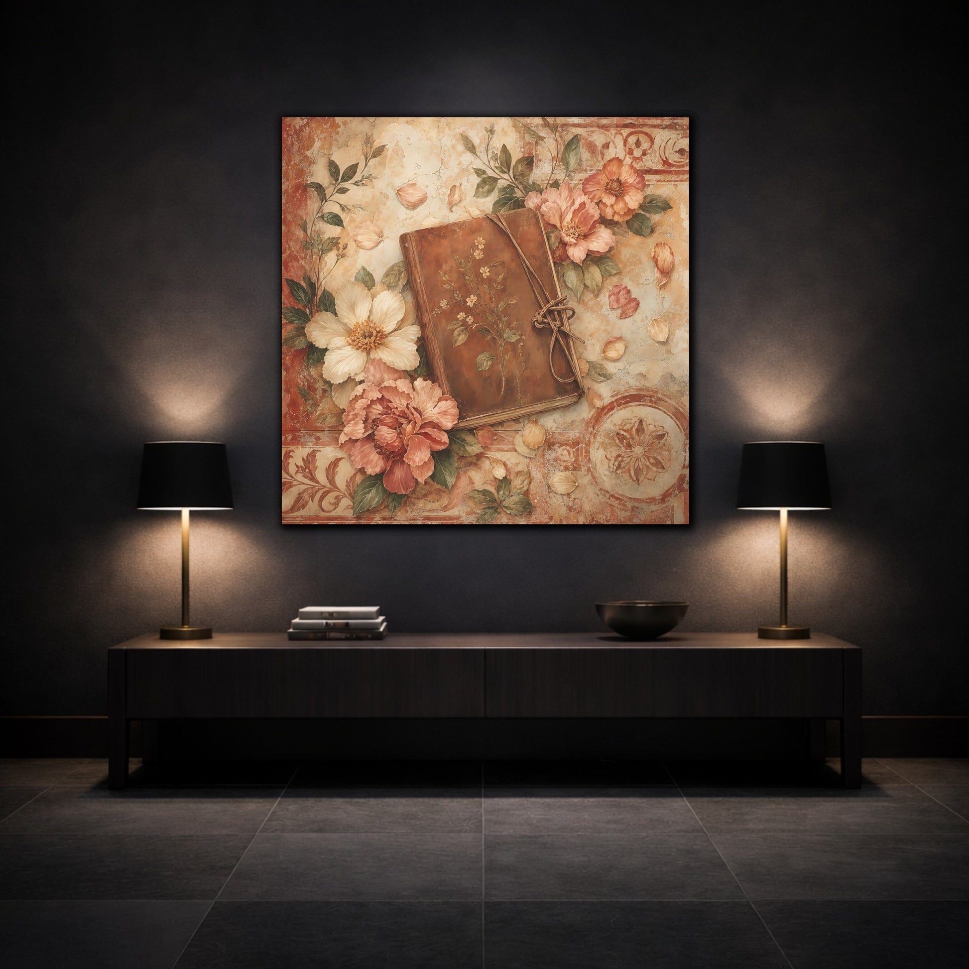 Mockup 3. Antique Fresco Painting Garden Notebook With Loose Petals shown as stretched canvas wall art