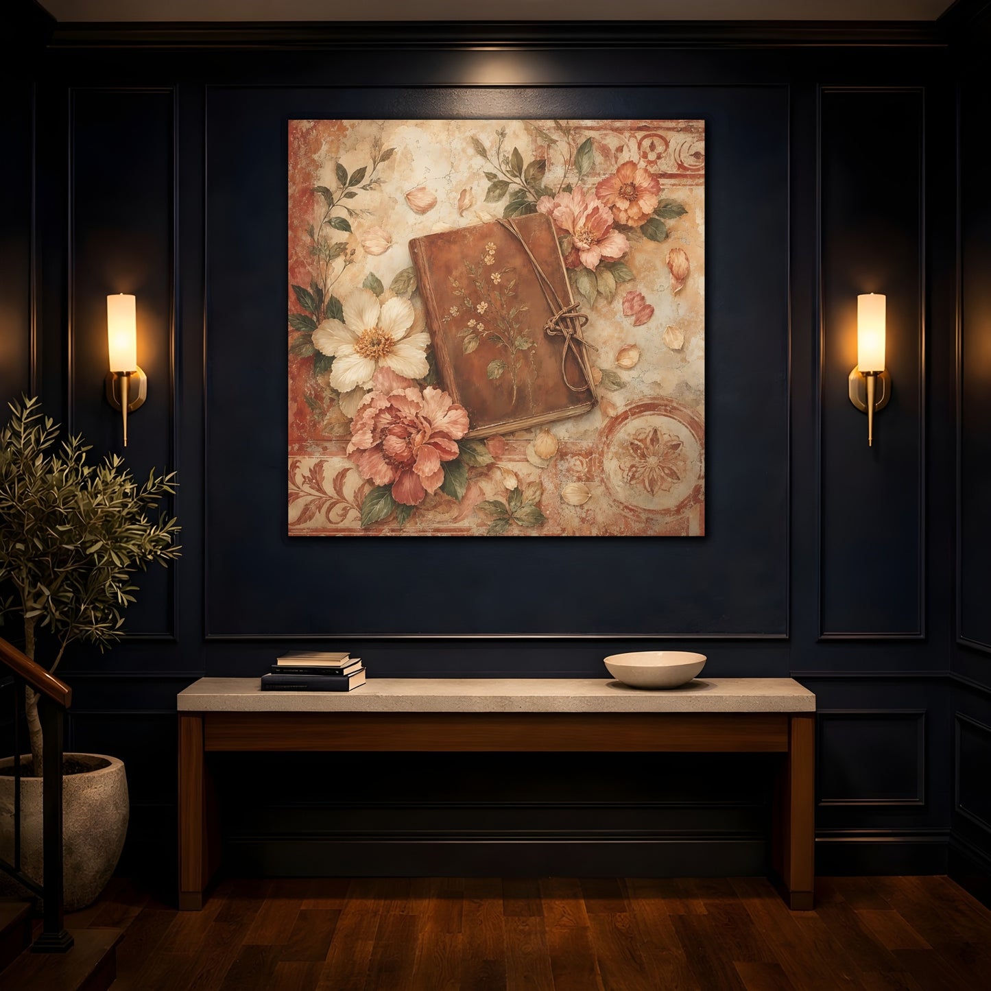 Mockup 4. Antique Fresco Painting Garden Notebook With Loose Petals shown as stretched canvas wall art