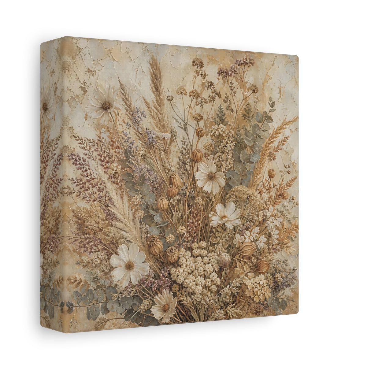 Side Mockup 2. Antique Fresco Painting Neutral Bouquet With Dried Grasses shown as stretched canvas wall art
