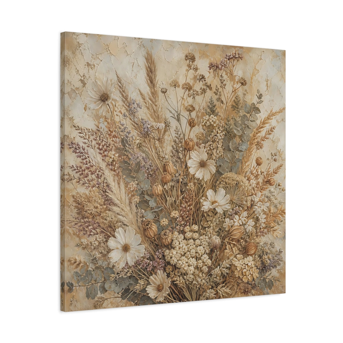Side Mockup 3. Antique Fresco Painting Neutral Bouquet With Dried Grasses shown as stretched canvas wall art