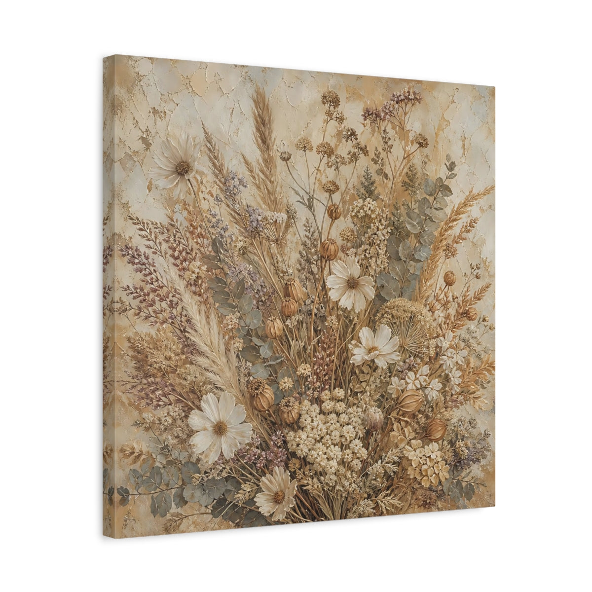 Side Mockup 5. Antique Fresco Painting Neutral Bouquet With Dried Grasses shown as stretched canvas wall art