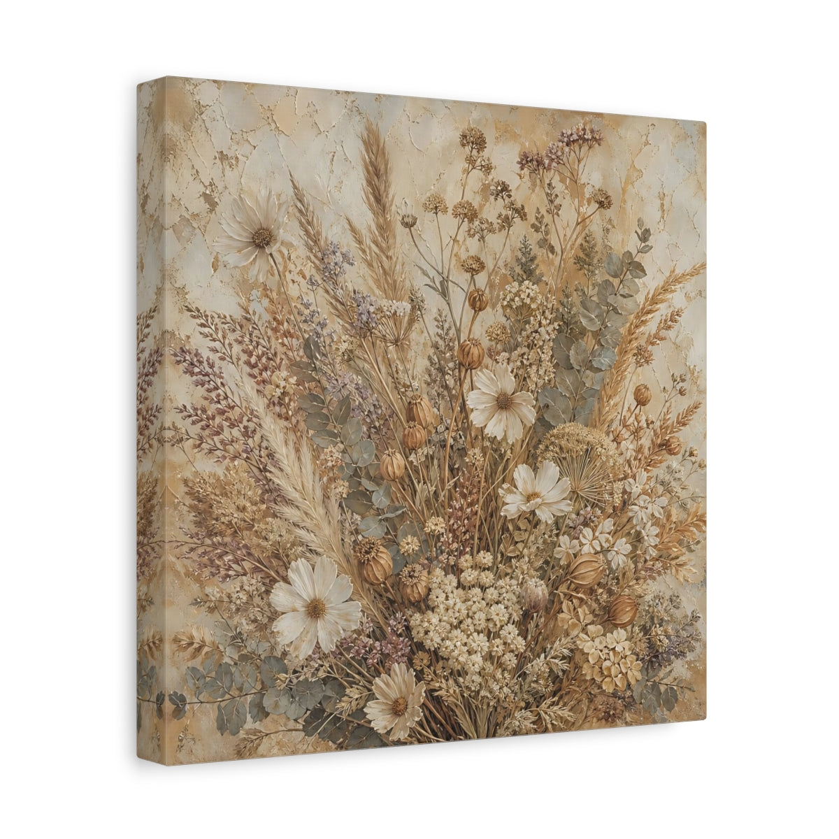 Side Mockup 8. Antique Fresco Painting Neutral Bouquet With Dried Grasses shown as stretched canvas wall art