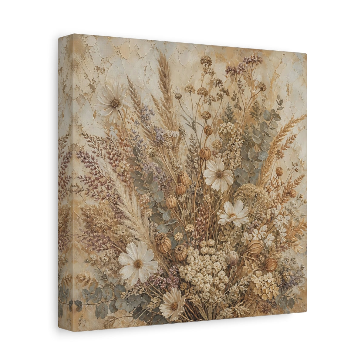 Side Mockup 9. Antique Fresco Painting Neutral Bouquet With Dried Grasses shown as stretched canvas wall art