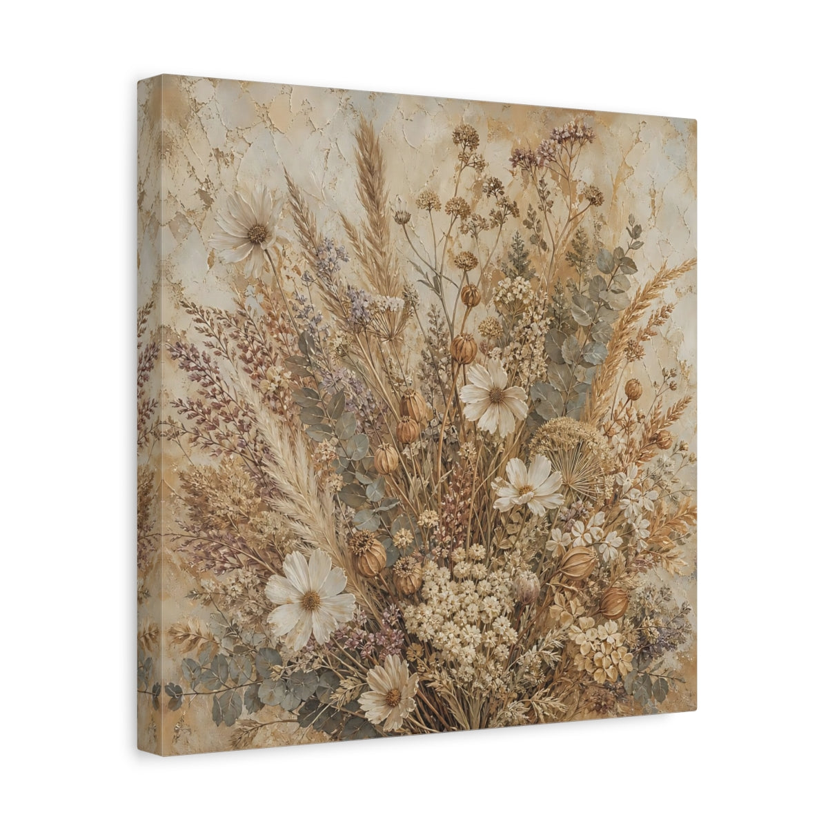 Side Mockup 7. Antique Fresco Painting Neutral Bouquet With Dried Grasses shown as stretched canvas wall art
