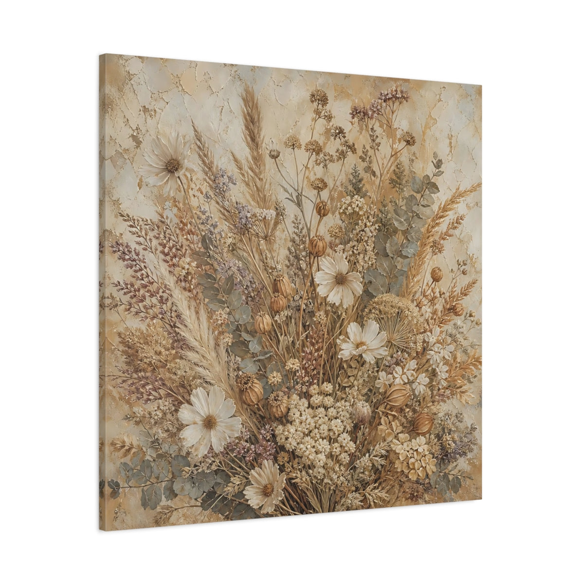 Side Mockup 1. Antique Fresco Painting Neutral Bouquet With Dried Grasses shown as stretched canvas wall art