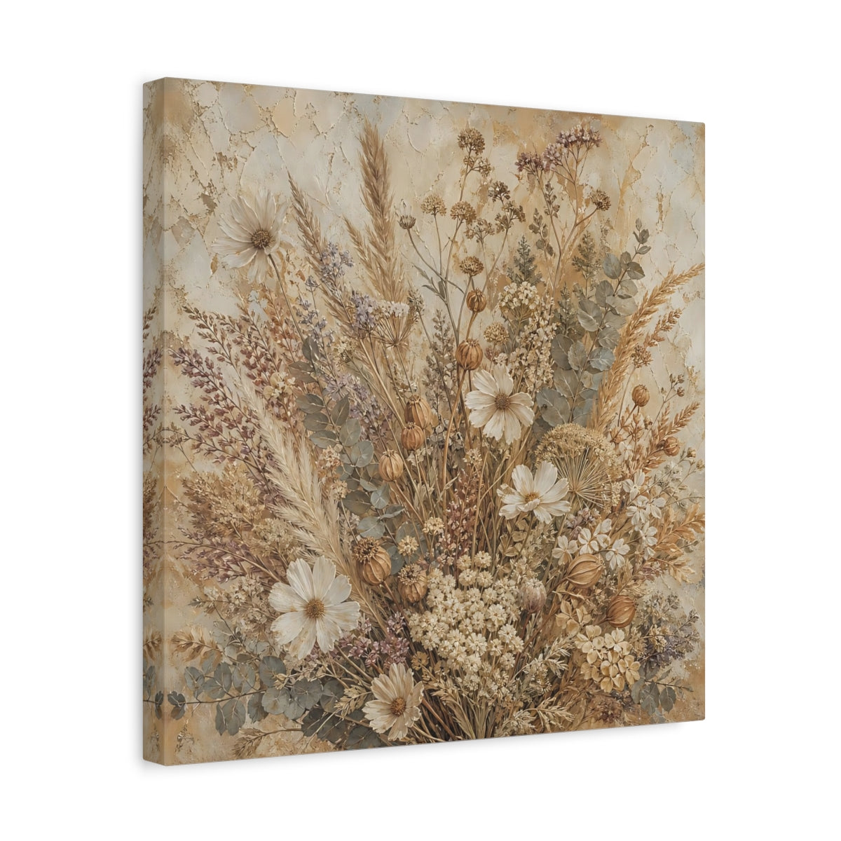 Side Mockup 6. Antique Fresco Painting Neutral Bouquet With Dried Grasses shown as stretched canvas wall art