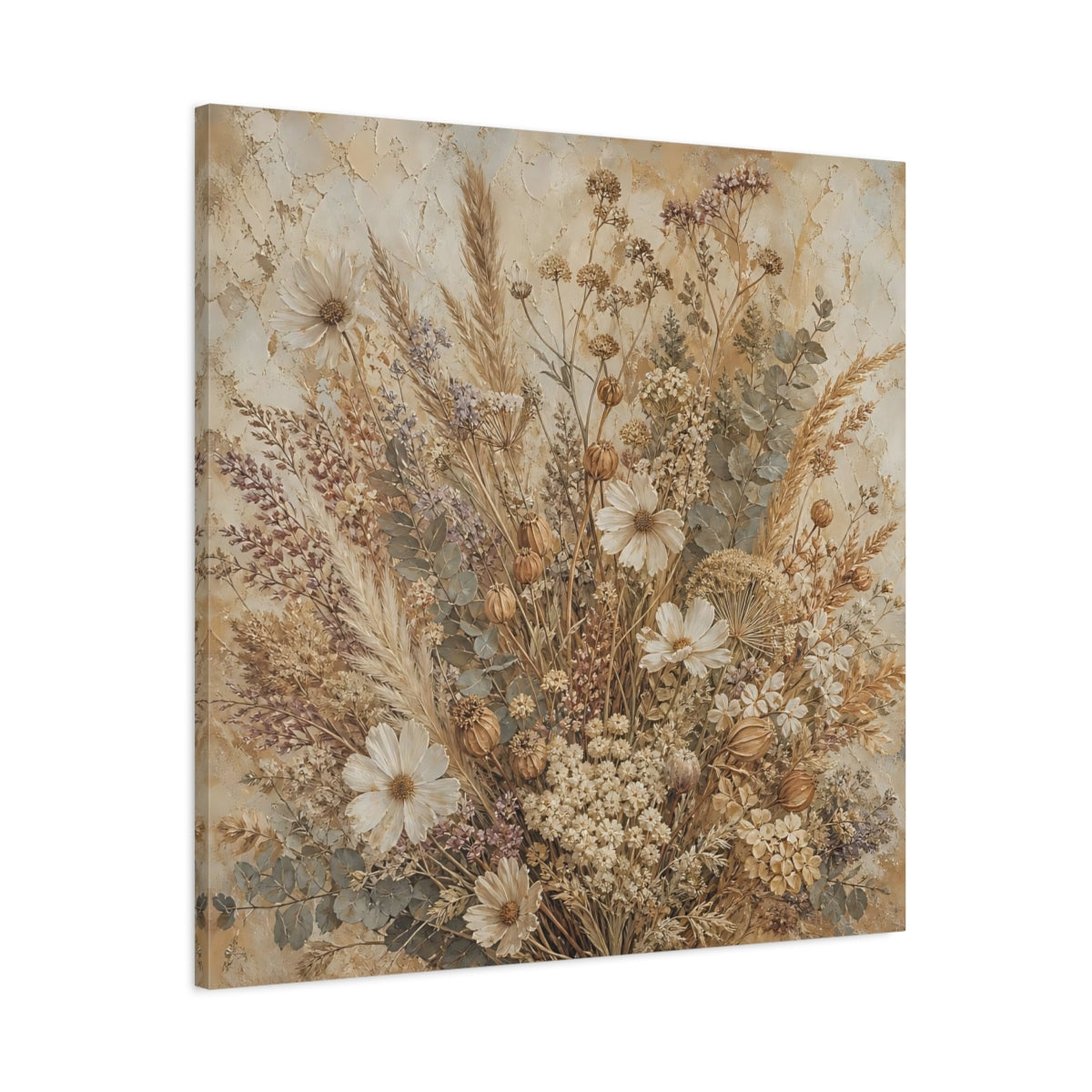 Main Mockup. Antique Fresco Painting Neutral Bouquet With Dried Grasses shown as stretched canvas wall art