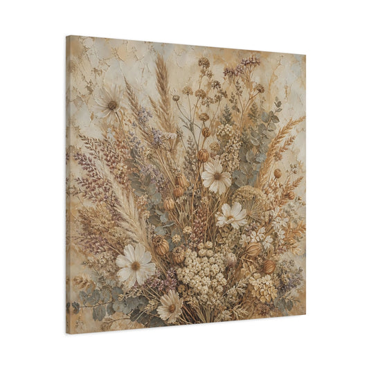 Main Mockup. Antique Fresco Painting Neutral Bouquet With Dried Grasses shown as stretched canvas wall art