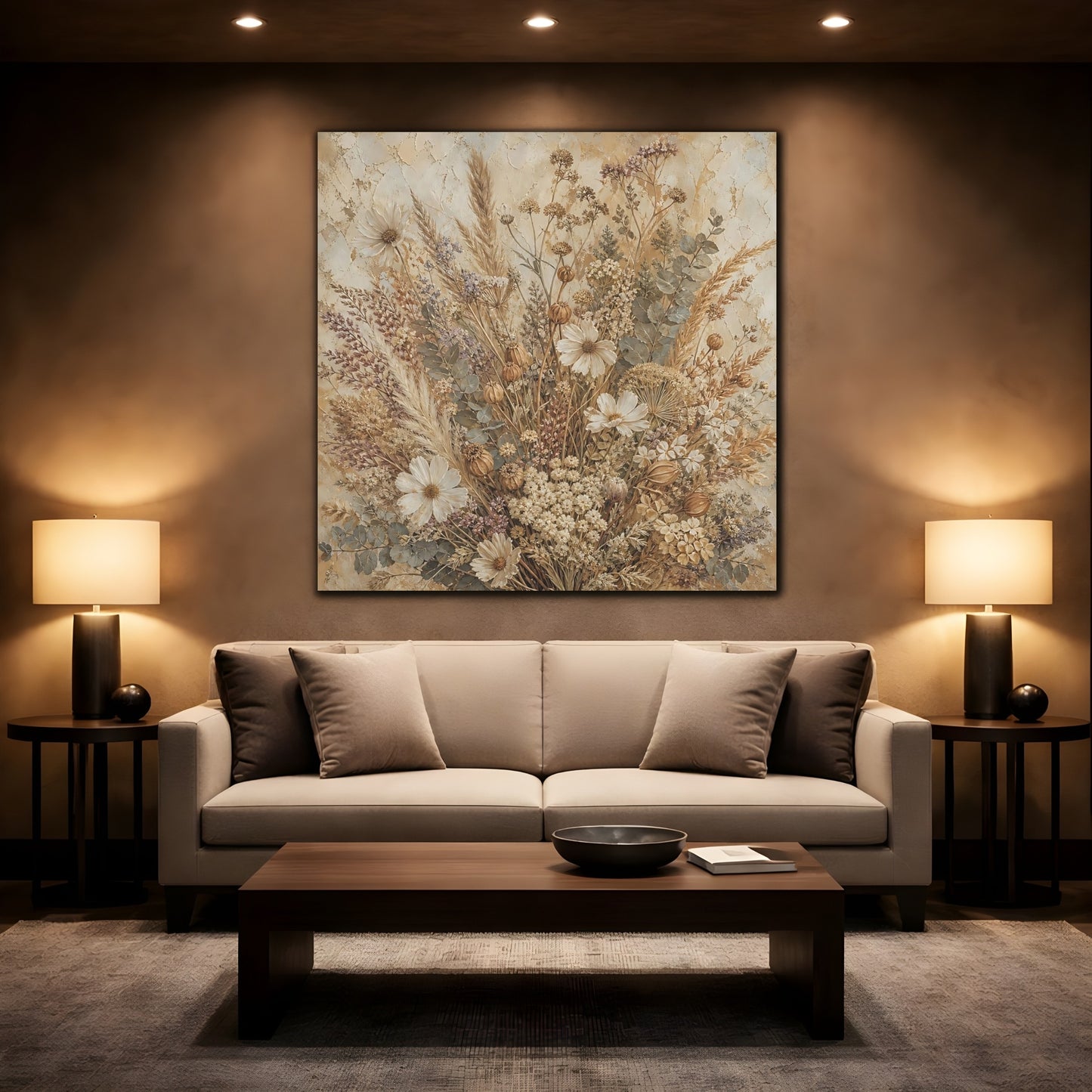 Mockup 2. Antique Fresco Painting Neutral Bouquet With Dried Grasses shown as stretched canvas wall art