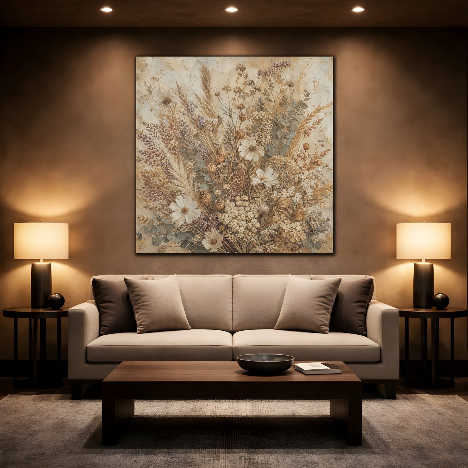 Mockup 2. Antique Fresco Painting Neutral Bouquet With Dried Grasses shown as stretched canvas wall art