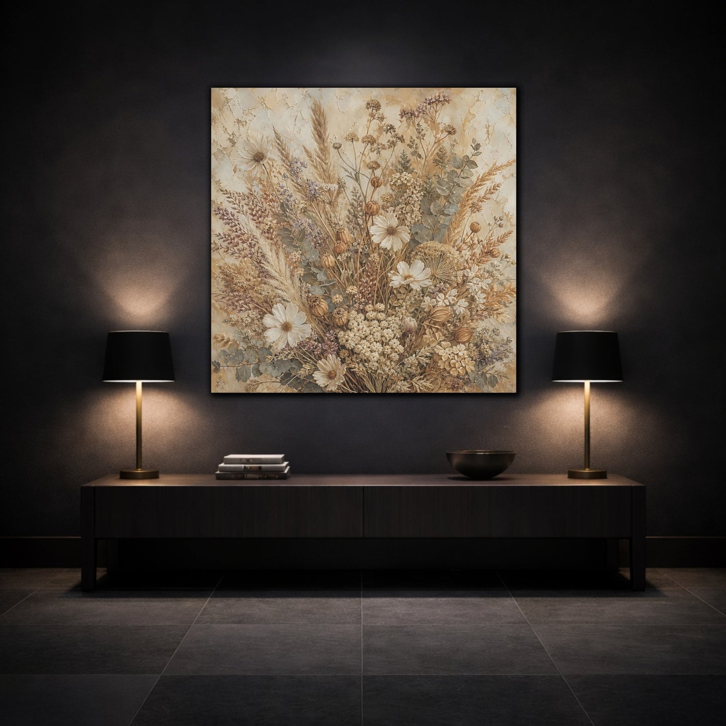 Mockup 3. Antique Fresco Painting Neutral Bouquet With Dried Grasses shown as stretched canvas wall art