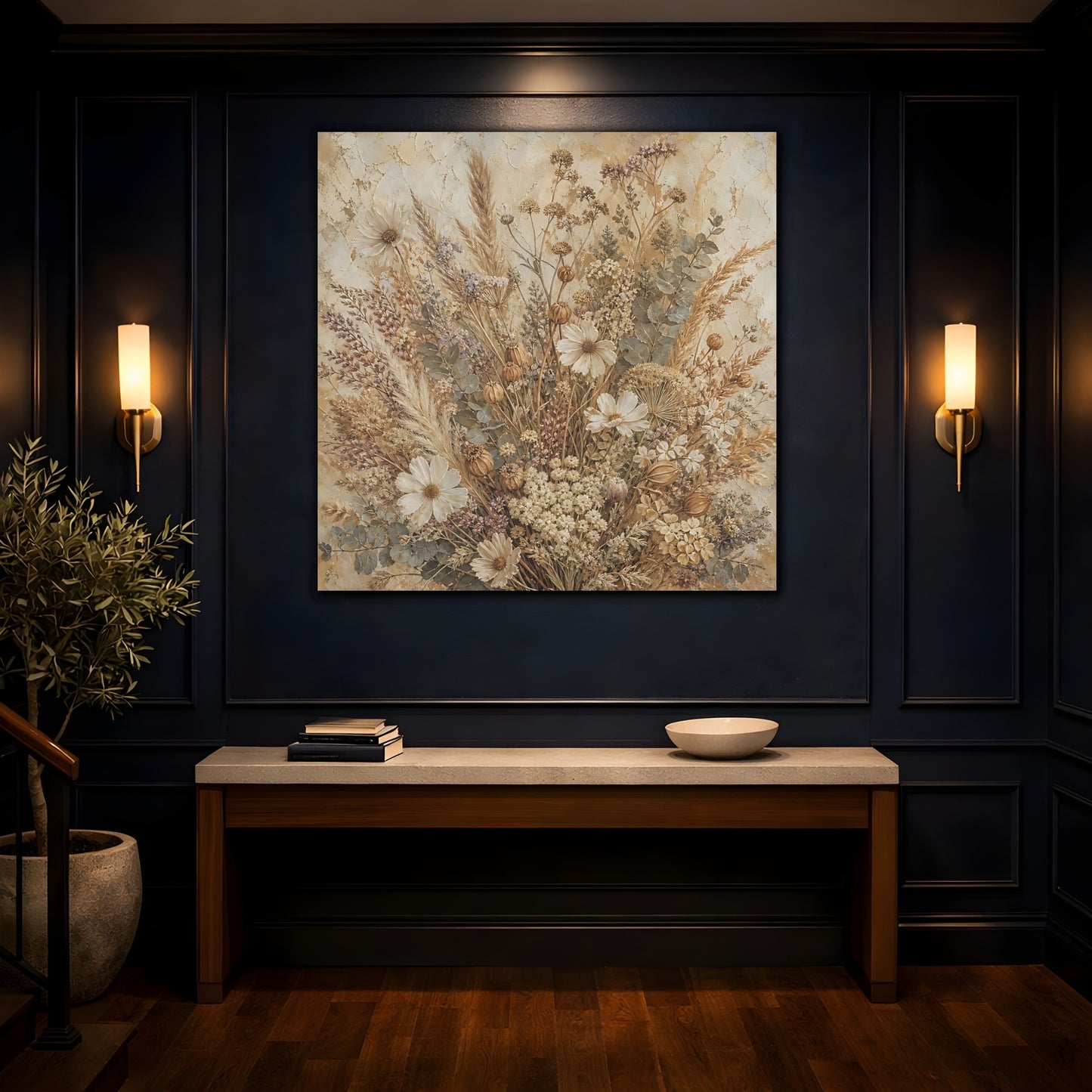 Mockup 4. Antique Fresco Painting Neutral Bouquet With Dried Grasses shown as stretched canvas wall art