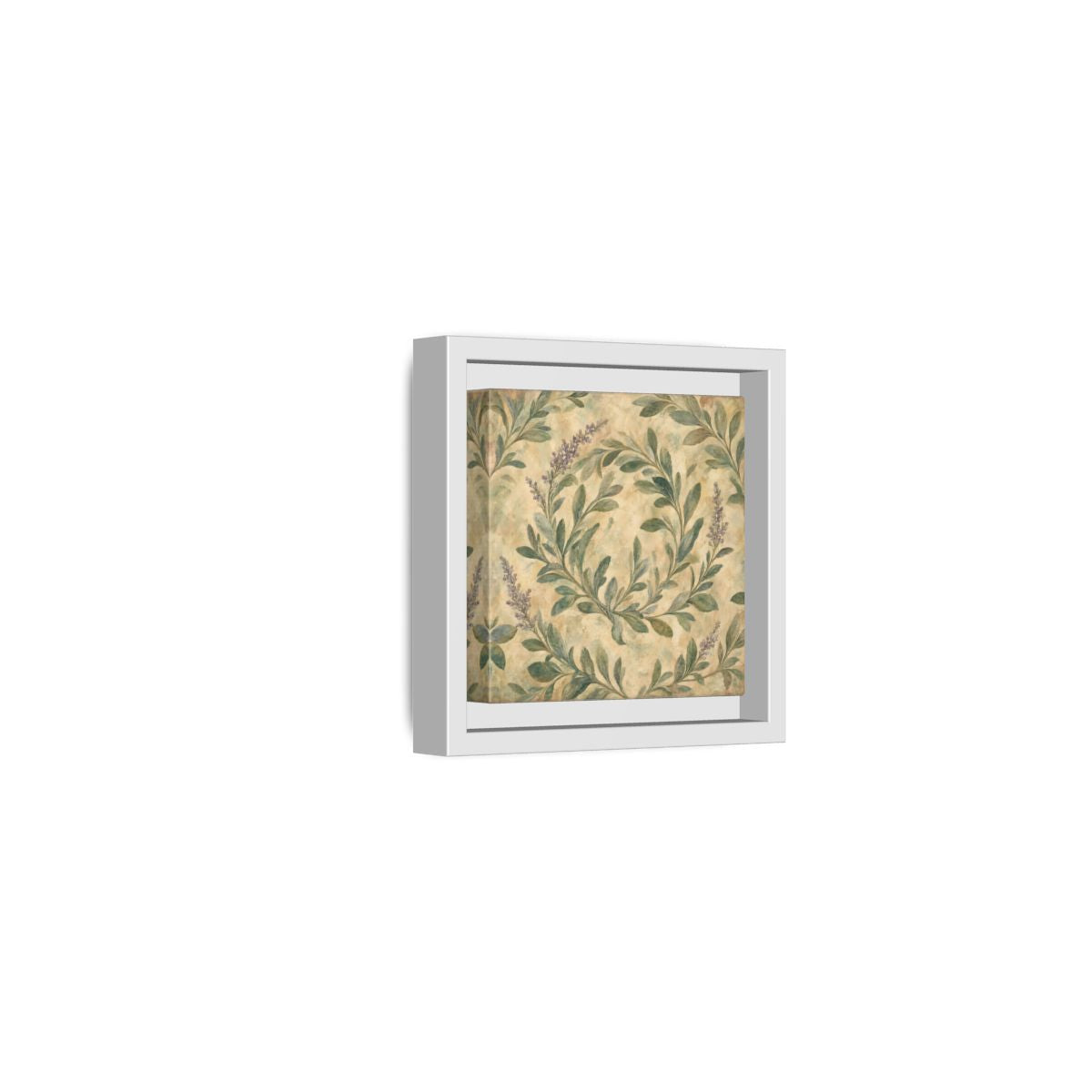 Side Mockup 22. Antique Fresco Painting Sage Stems With Soft Green Leaves shown as stretched canvas wall art
